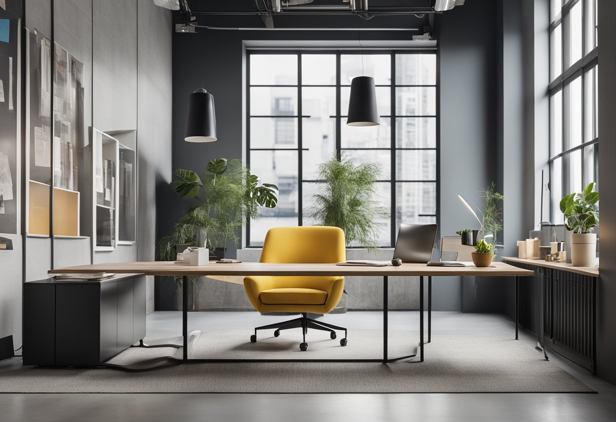 A modern, minimalist office space with sleek furniture and pops of color. A mood board with fabric swatches and design sketches. A computer with 3D modeling software