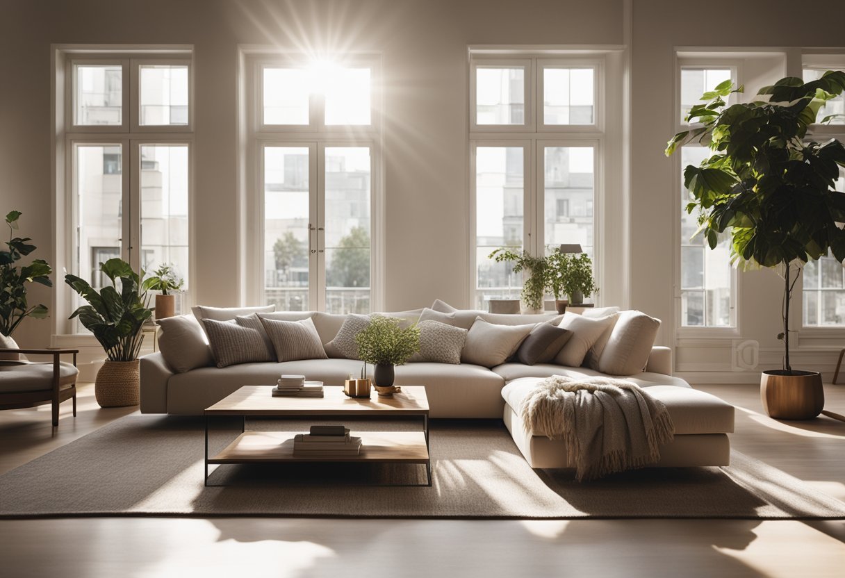 A cozy living room with minimalistic furniture and soft, neutral colors. Sunlight streams in through large windows, casting a warm glow on the clean, uncluttered space