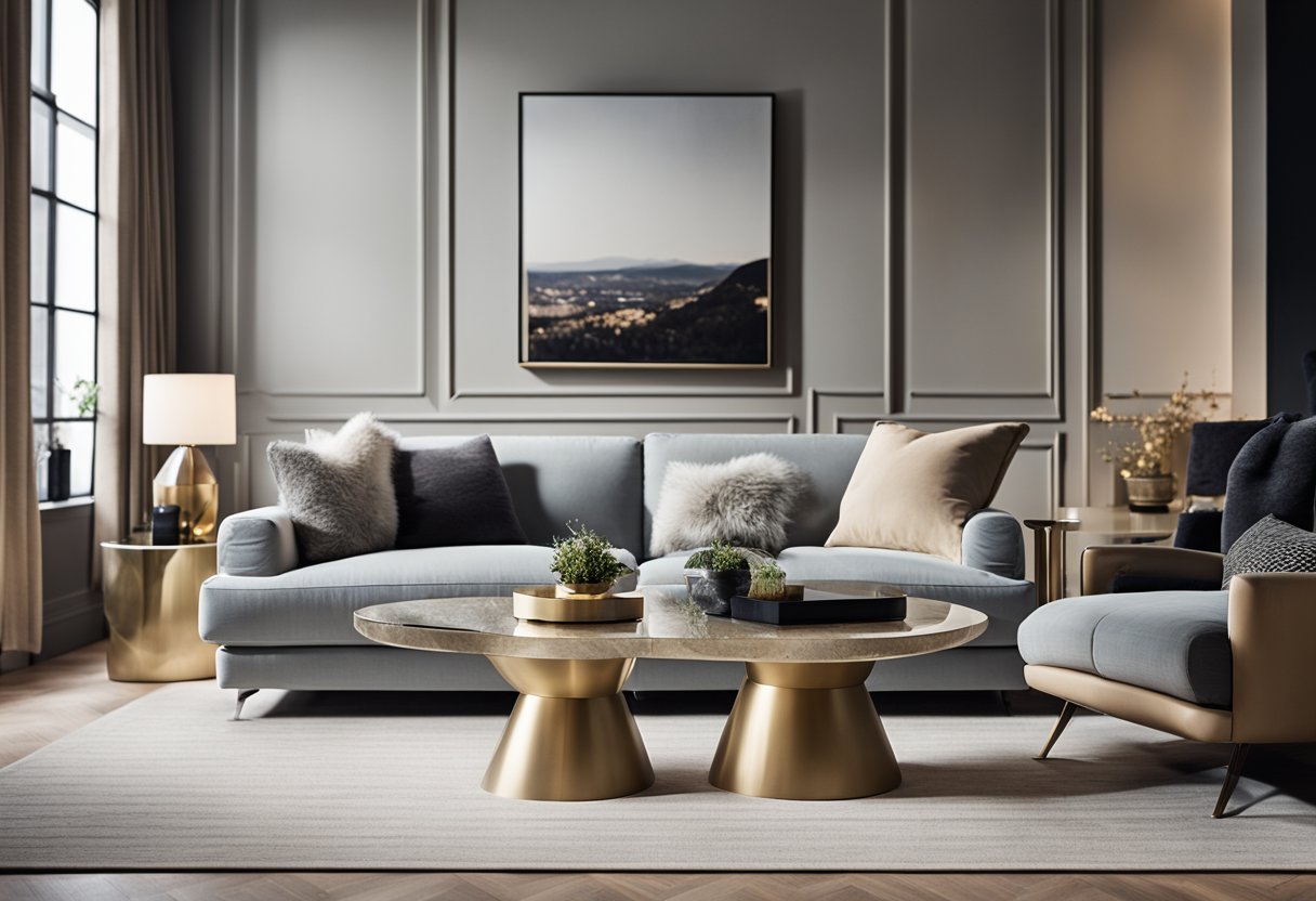 A modern living room with a sleek sofa, a statement coffee table, and a stylish rug. Large windows let in natural light, and the space is adorned with contemporary artwork and decorative accents