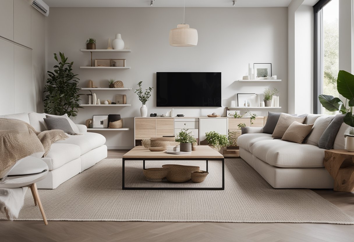A cozy living room with minimalistic furniture, soft neutral colors, and natural lighting