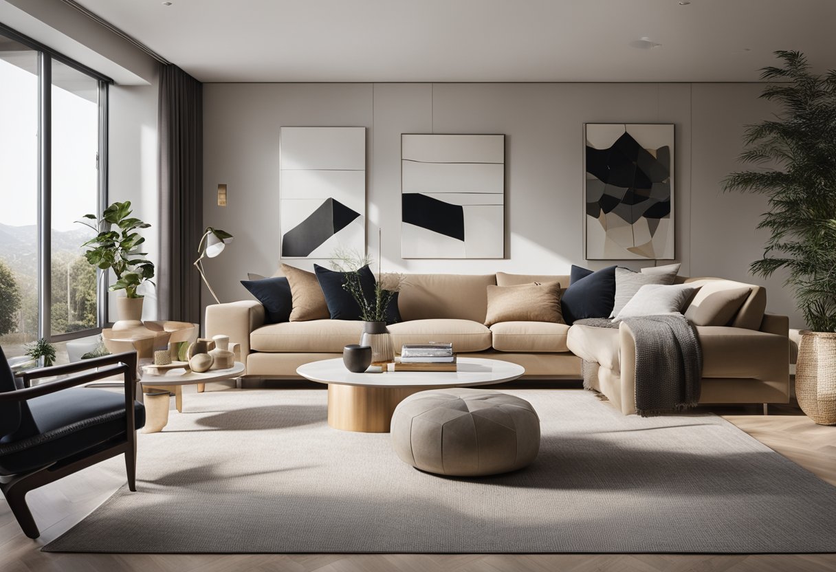A sleek, modern living room with a minimalist color palette and stylish furniture. Natural light floods the space, highlighting the clean lines and thoughtful design choices