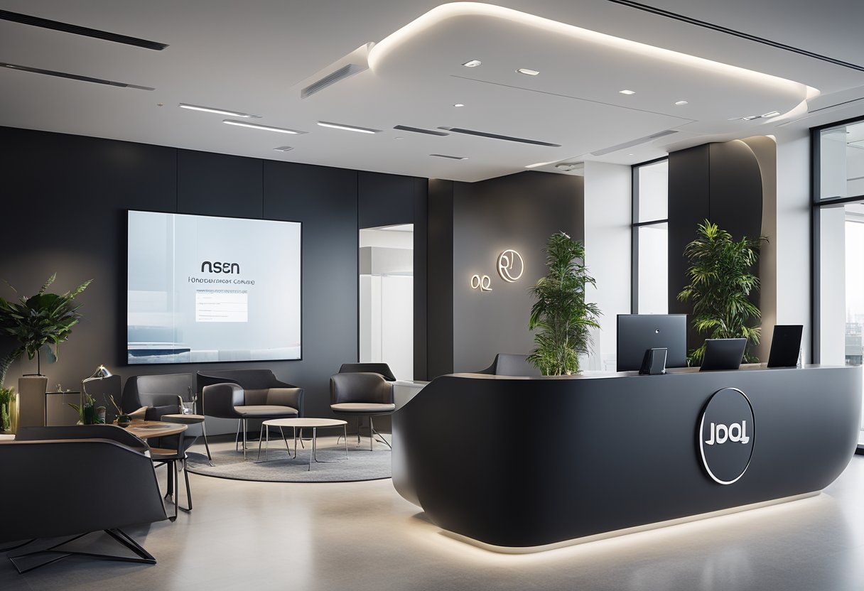 A modern, minimalist office space with a sleek reception area, stylish furniture, and a large wall displaying the company logo and frequently asked questions