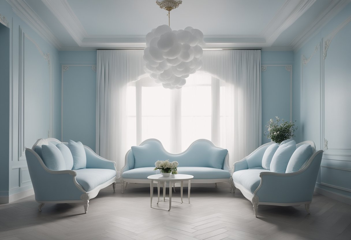 The room is filled with soft, billowing clouds. The walls are a pale blue, and the furniture is white and fluffy, creating a dreamy and tranquil atmosphere