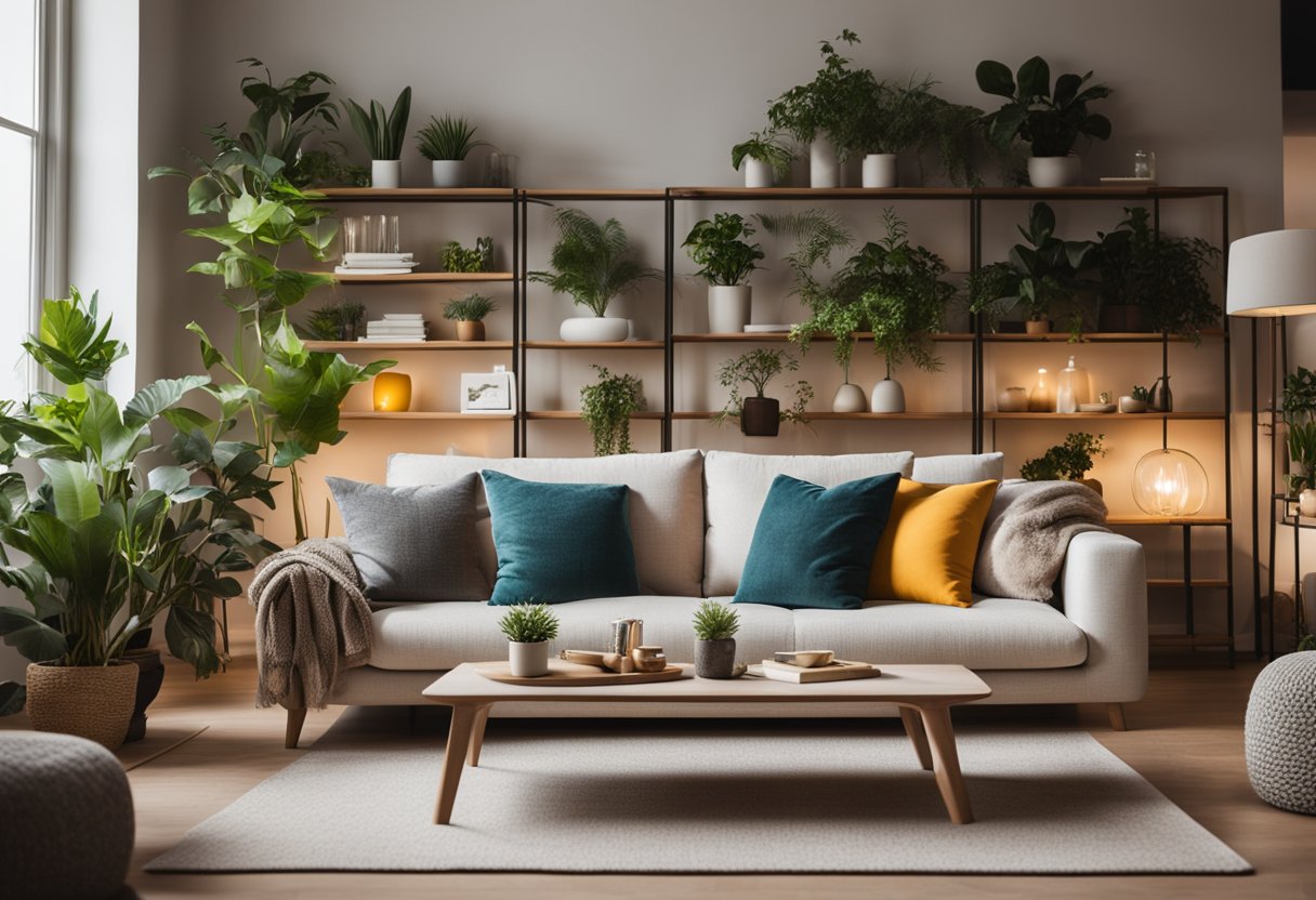A cozy living room with minimalist furniture, soft lighting, and pops of color. A bookshelf filled with plants and personal trinkets. A large, inviting sofa with plush cushions