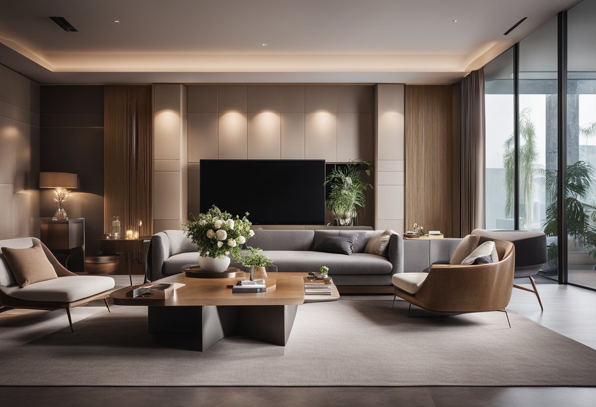 A sleek, modern living room with warm lighting and comfortable seating, showcasing a stunning interior design portfolio on a coffee table
