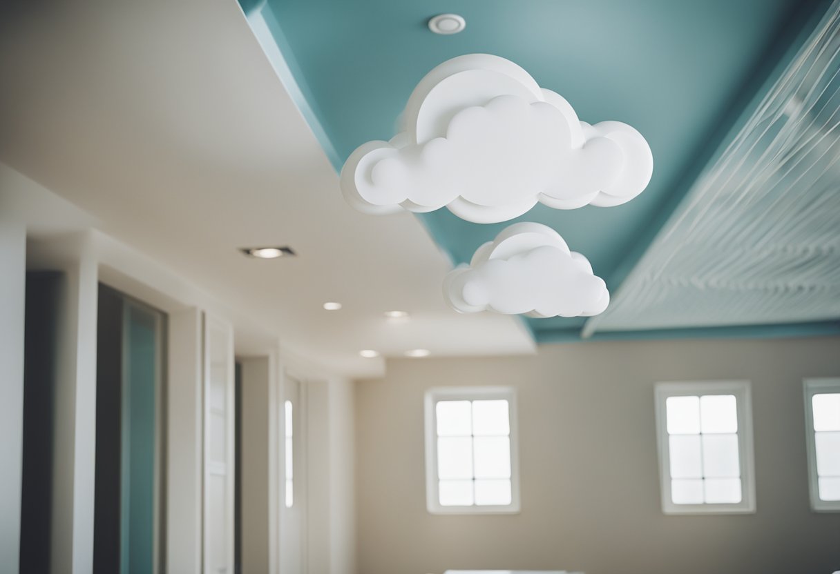 The interior design features a cloud motif, with soft, billowy shapes and a calming color palette. The space is filled with natural light, creating a serene and airy atmosphere