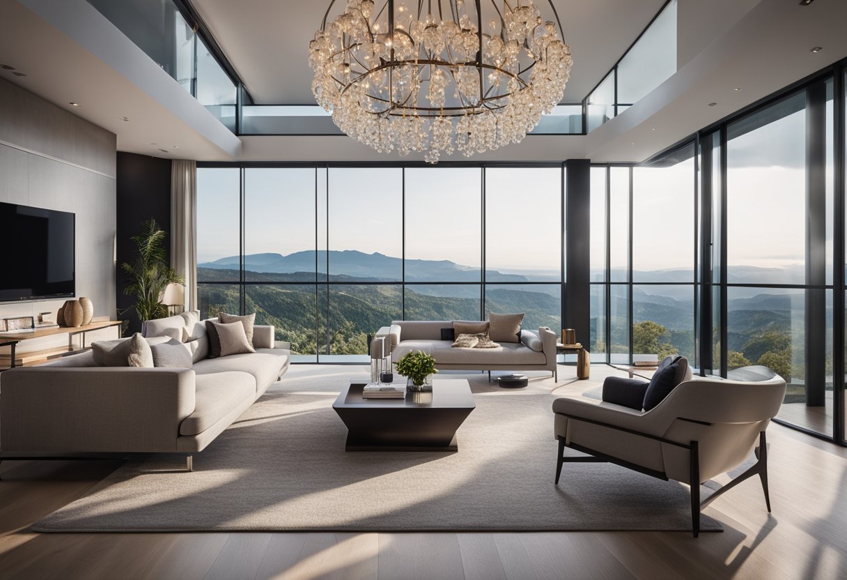 A modern living room with sleek furniture, a statement chandelier, and large windows overlooking a scenic view