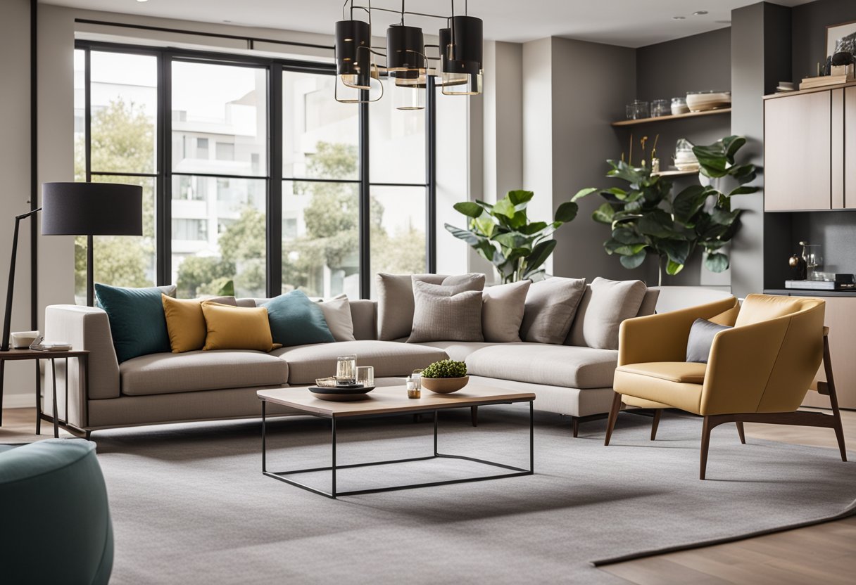 A modern living room with sleek furniture and minimal decor, featuring a neutral color palette with pops of vibrant accent colors