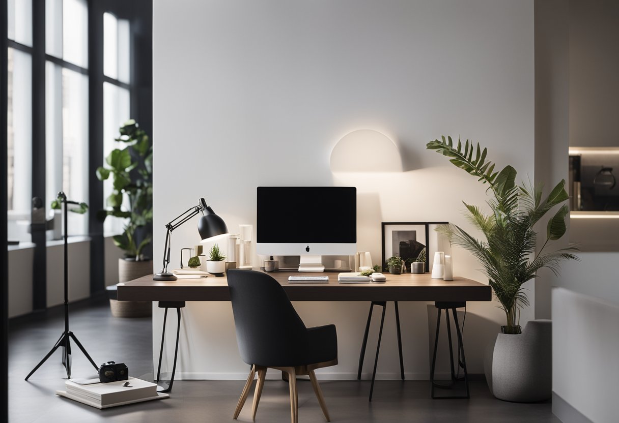 A sleek, modern interior design portfolio displayed on a clean, minimalist desk with soft lighting and a neutral color palette