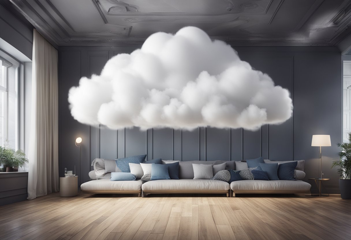 A cloud-shaped interior design with FAQ text floating inside