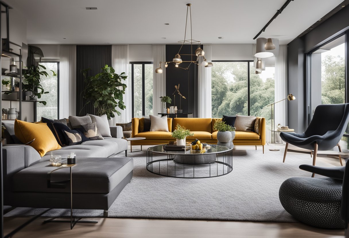 A modern living room with sleek furniture, clean lines, and pops of vibrant color. The space exudes sophistication and elegance, with a focus on minimalist design and luxurious materials