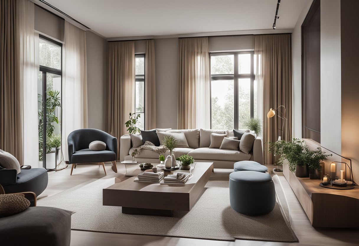 A cozy living room with sleek furniture, soft lighting, and minimal decor. Clean lines and neutral colors create a serene and inviting atmosphere