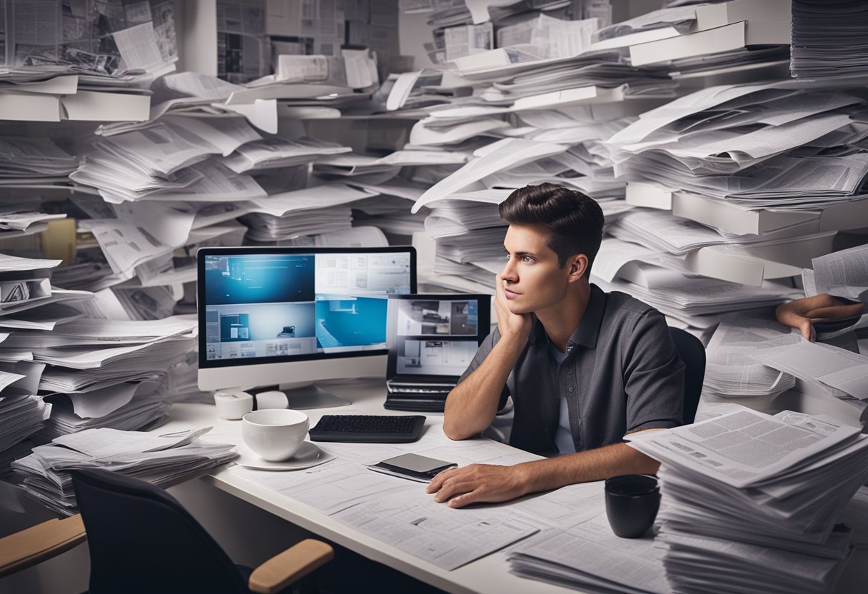 A person sitting at a desk surrounded by clutter, looking overwhelmed. Blueprints and design magazines scattered around. Computer screen displaying various interior design images