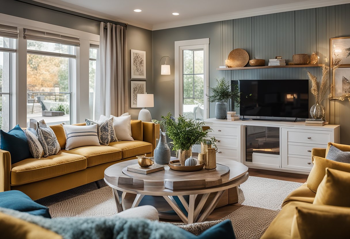 A cozy living room with a mix of modern and traditional furniture, vibrant colors, and well-organized spaces, showcasing the benefits of hiring an interior designer
