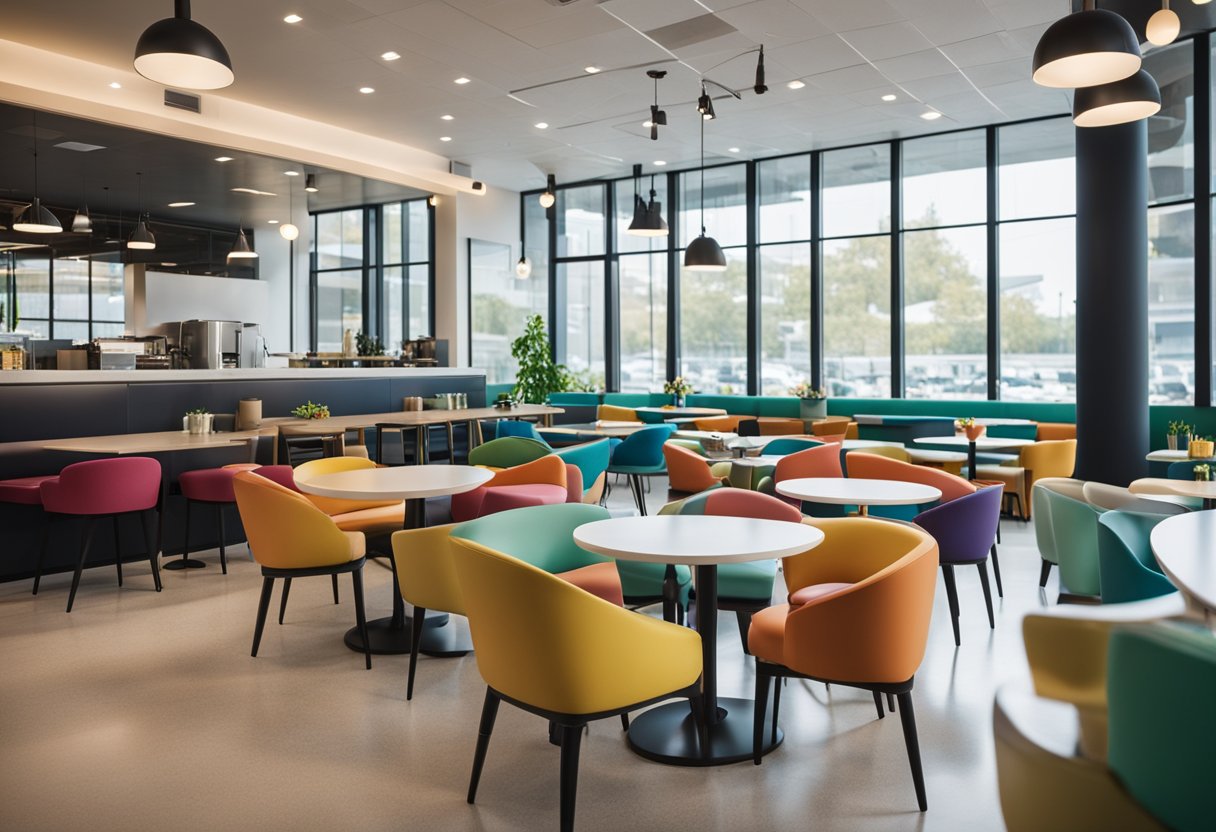 The cafeteria interior features modern furniture, bright lighting, and a variety of seating options. The walls are adorned with colorful artwork, and large windows allow natural light to flood the space