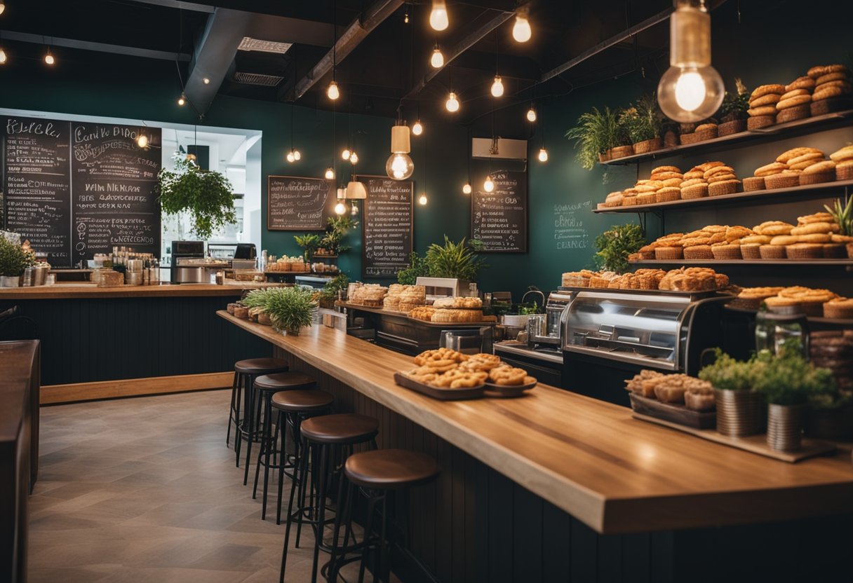 A cozy cafe with warm lighting, comfortable seating, and a variety of plants. The counter is adorned with colorful pastries and a chalkboard menu