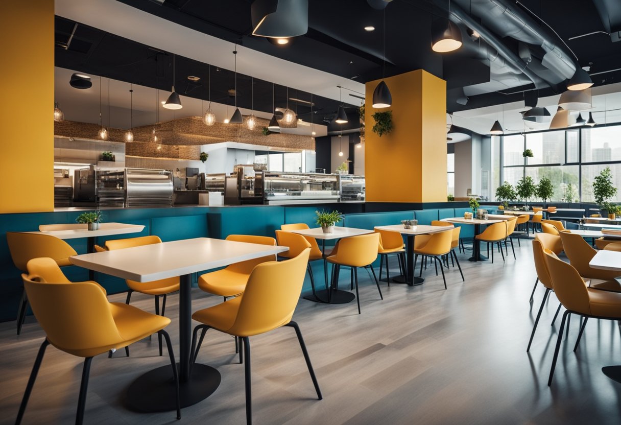 The cafeteria has a functional layout with tables and chairs arranged neatly. The furnishings are modern and comfortable, with vibrant colors and sleek designs