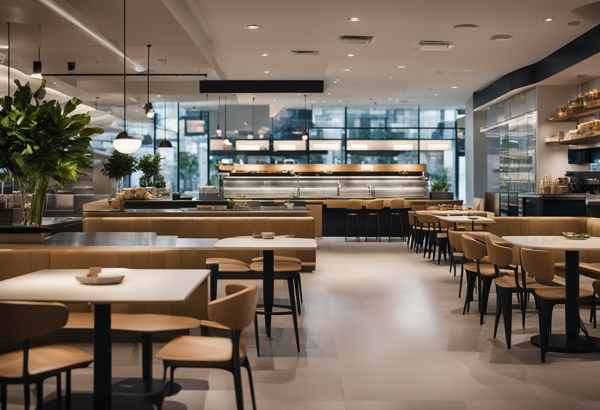A modern cafeteria with bright lighting, sleek furniture, and a variety of seating options. The space is organized with clear signage and a designated area for self-service food and drinks