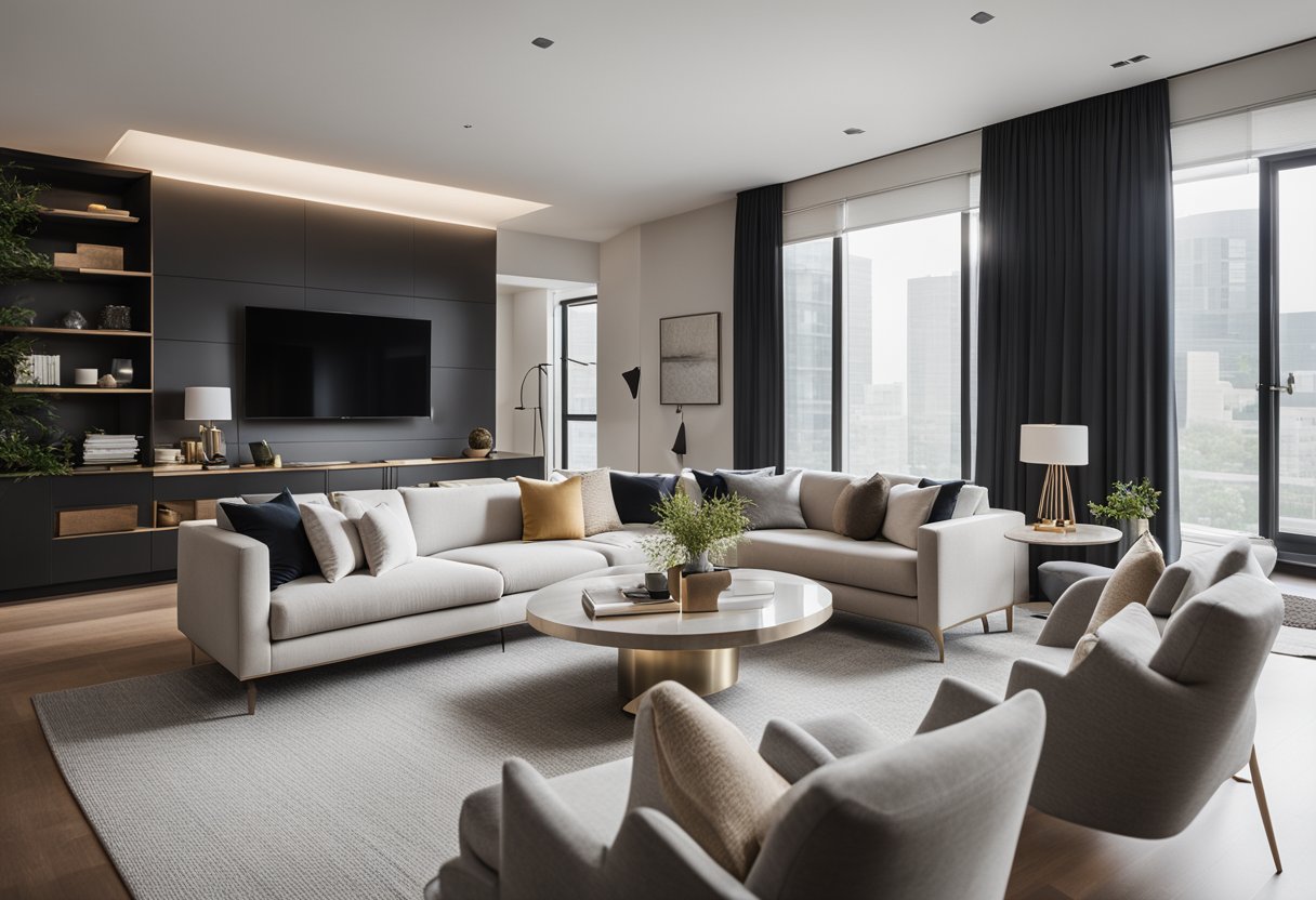 A modern living room with sleek furniture, neutral color palette, and pops of vibrant accents. Clean lines and natural light create a sophisticated yet inviting space