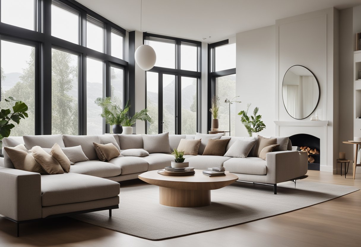 A modern, minimalist living room with clean lines, neutral colors, and natural materials. A large window allows plenty of natural light to flood the space, creating a sense of openness and tranquility