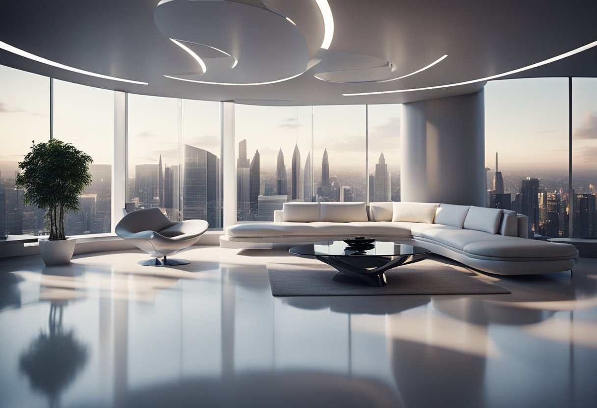 A sleek, futuristic space interior with clean lines, metallic accents, and minimalistic furniture. Large windows offer a view of the cosmos, while soft, ambient lighting creates a serene atmosphere