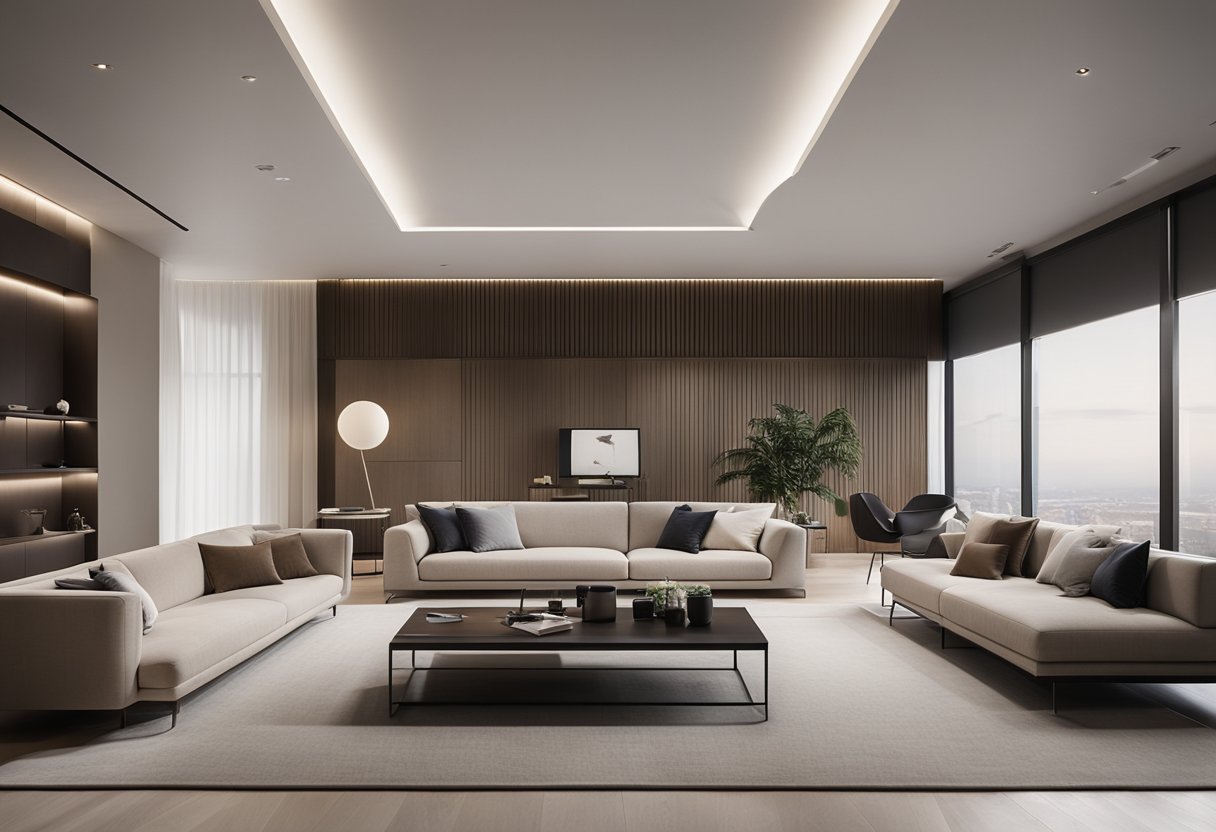 A sleek, minimalist space with clean lines, neutral colors, and strategic lighting. Functional furniture and open layout create a sense of spaciousness and tranquility