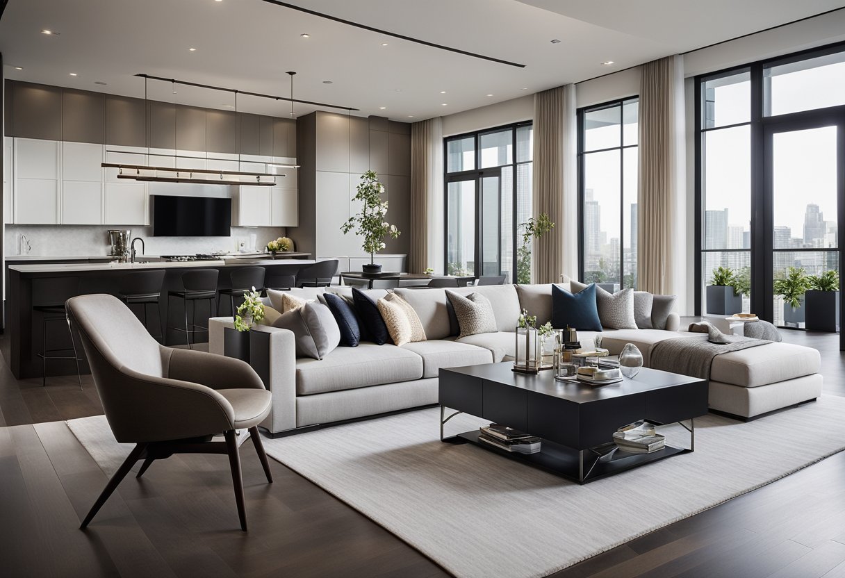 A modern, sleek interior design project with clean lines and luxurious finishes. Collaboration with top-tier brands evident in the high-quality furniture and decor
