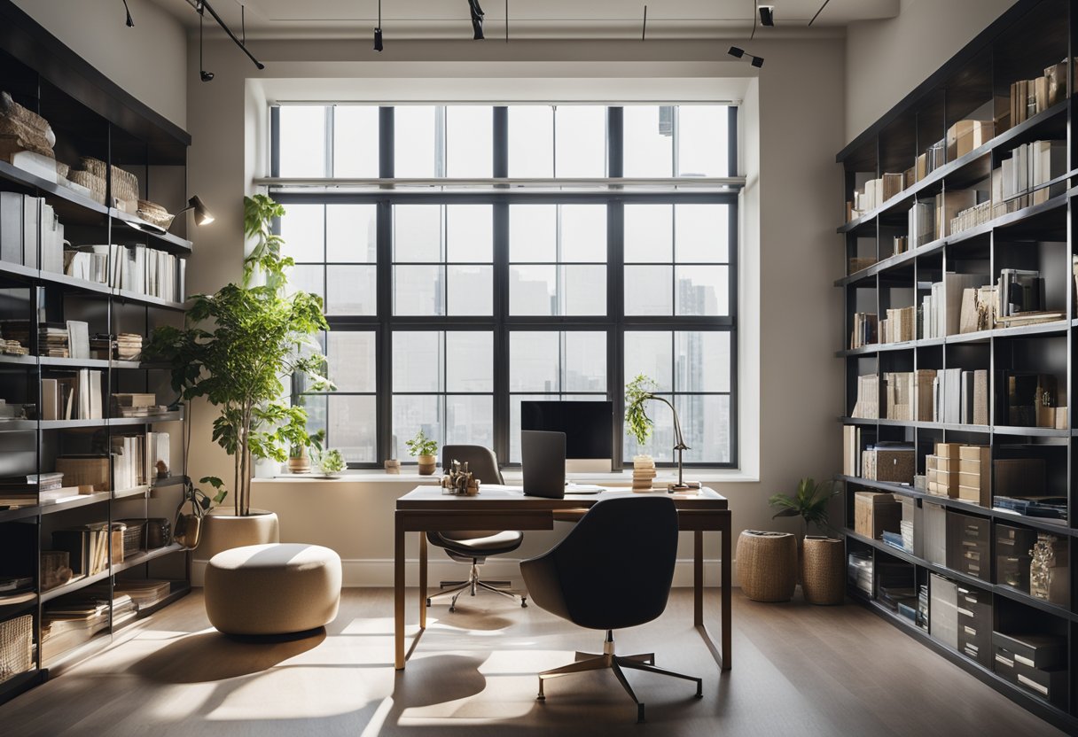 A stylish office with a modern desk, comfortable seating, and shelves lined with design books and decor samples. Bright natural light streams in through large windows, illuminating the space