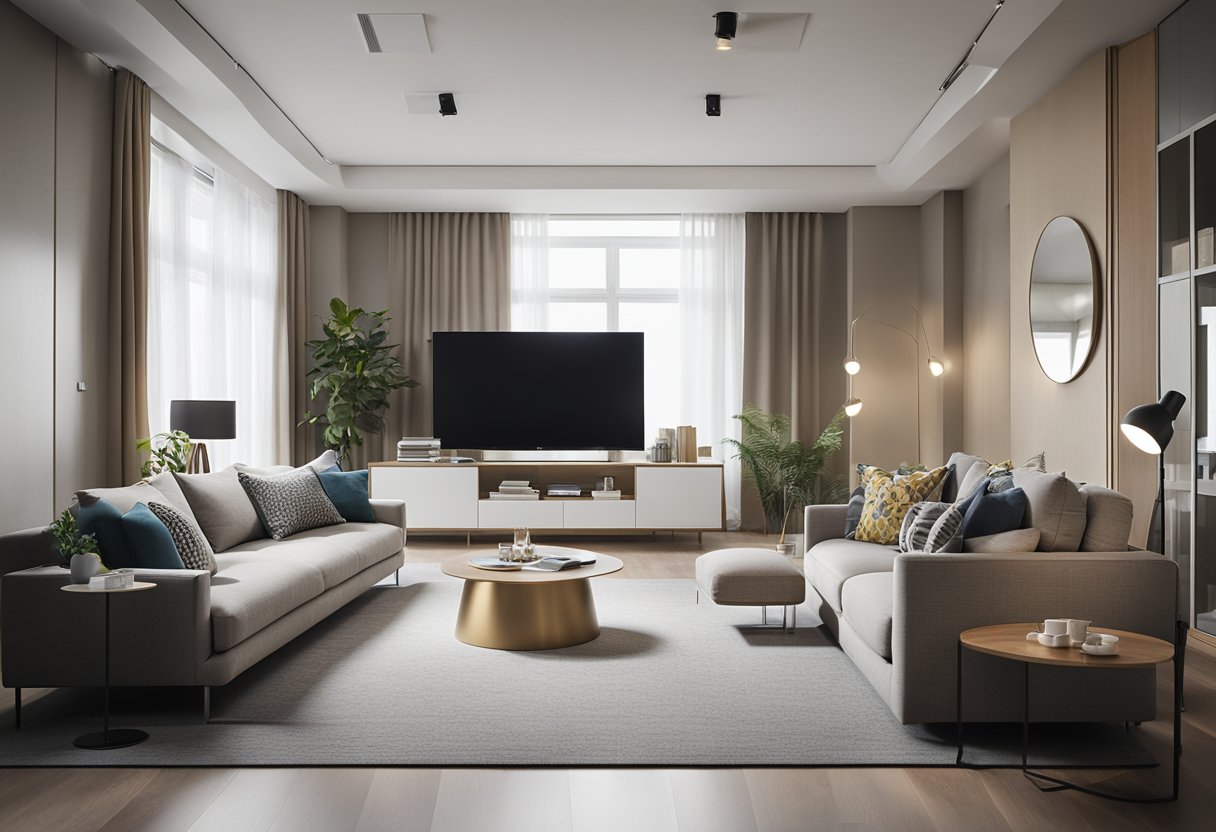 A spacious, well-lit room with modern furniture and clean lines. Neutral colors dominate the space, with pops of vibrant accent colors. The room is organized and clutter-free, with ample storage and functional work areas