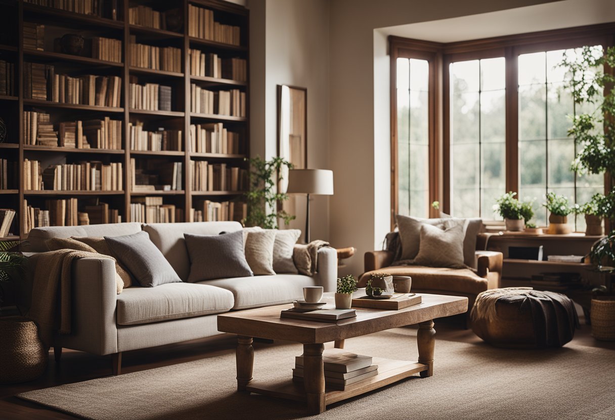 A cozy living room with a plush sofa, warm lighting, and a rustic coffee table. A large window lets in natural light, and a bookshelf filled with books adds a touch of sophistication