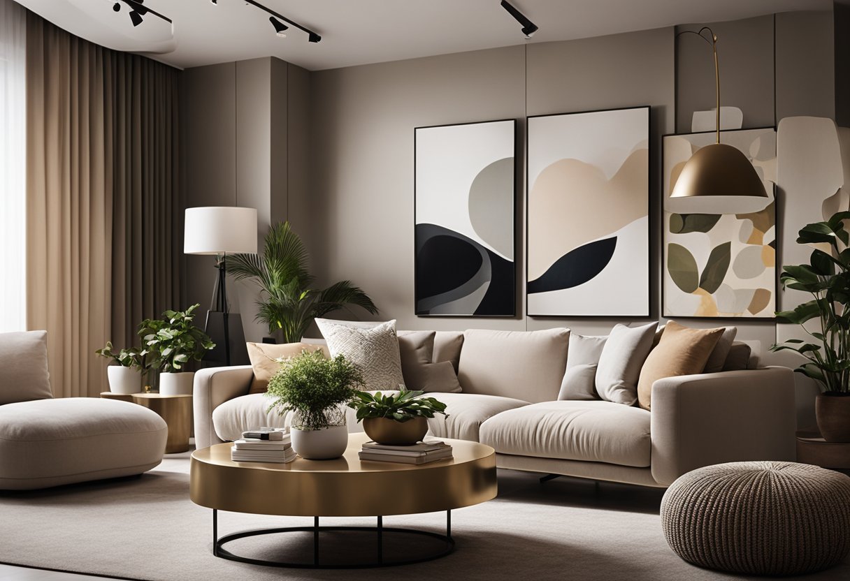 A cozy living room with neutral tones, plush seating, and warm lighting. A large, abstract art piece hangs on the wall, complementing the modern coffee table and potted plants