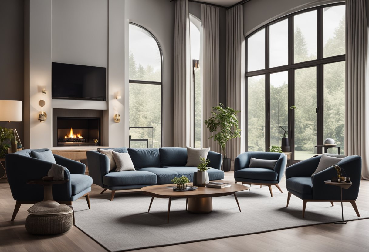 A spacious living room with high ceilings, large windows, and modern furniture. A cozy fireplace and elegant lighting create a warm and inviting atmosphere