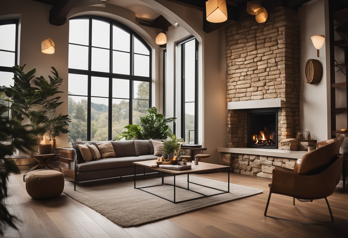 A cozy waff interior with warm lighting, plush seating, and earthy tones. A fireplace crackles in the corner, and a large window lets in natural light