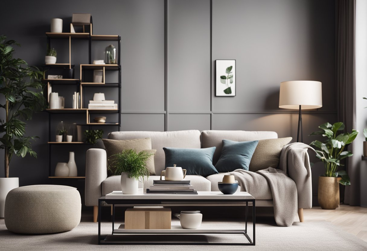 A modern living room with sleek shelves, stylish storage boxes, and elegant decorative accessories. A cozy sofa and a coffee table complete the inviting space