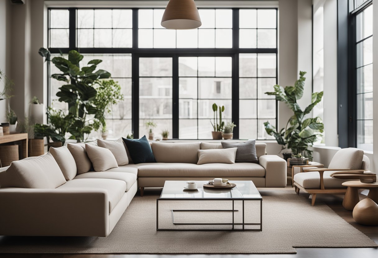 A modern, minimalist living room with neutral tones, clean lines, and natural materials. Large windows allow for plenty of natural light, and a cozy seating area is centered around a sleek coffee table
