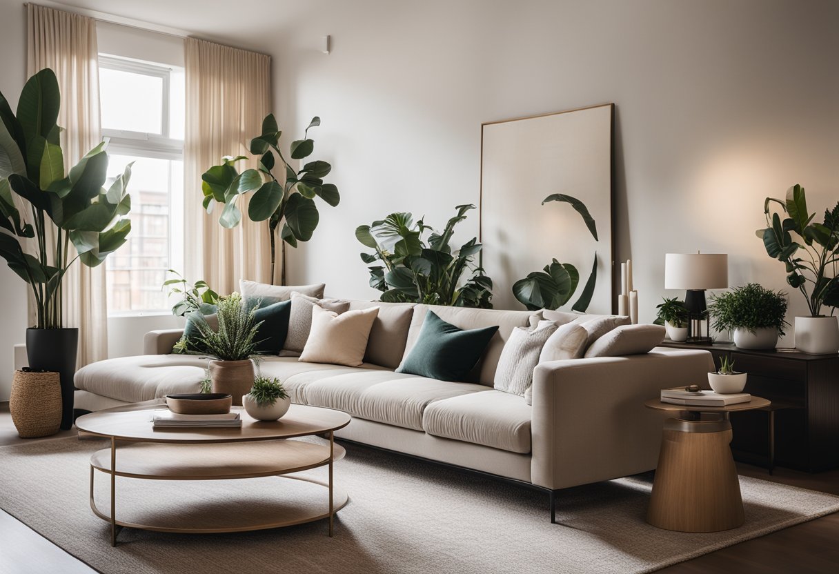 A cozy living room with modern furniture, soft lighting, and a neutral color palette. A large, plush sofa sits in the center, surrounded by sleek coffee tables and a stylish rug. The room is accented with indoor plants and art pieces on the