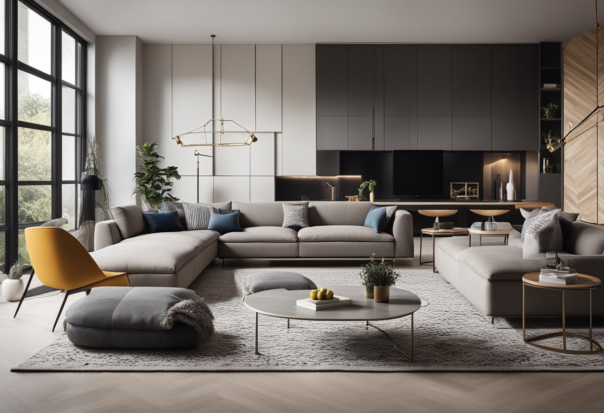 A modern living room with sleek furniture, geometric patterns, and pops of color. Clean lines and open space create a sense of harmony and sophistication
