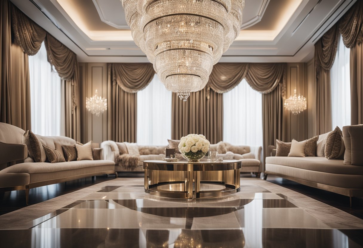 A luxurious diamond-themed interior with sparkling chandeliers, mirrored surfaces, and plush velvet furniture