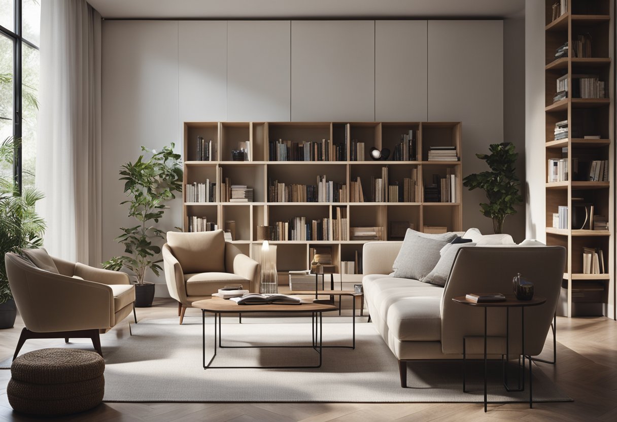 A modern living room with minimalist furniture, neutral color palette, and large windows letting in natural light. A cozy reading nook with a comfortable chair and a bookshelf filled with books