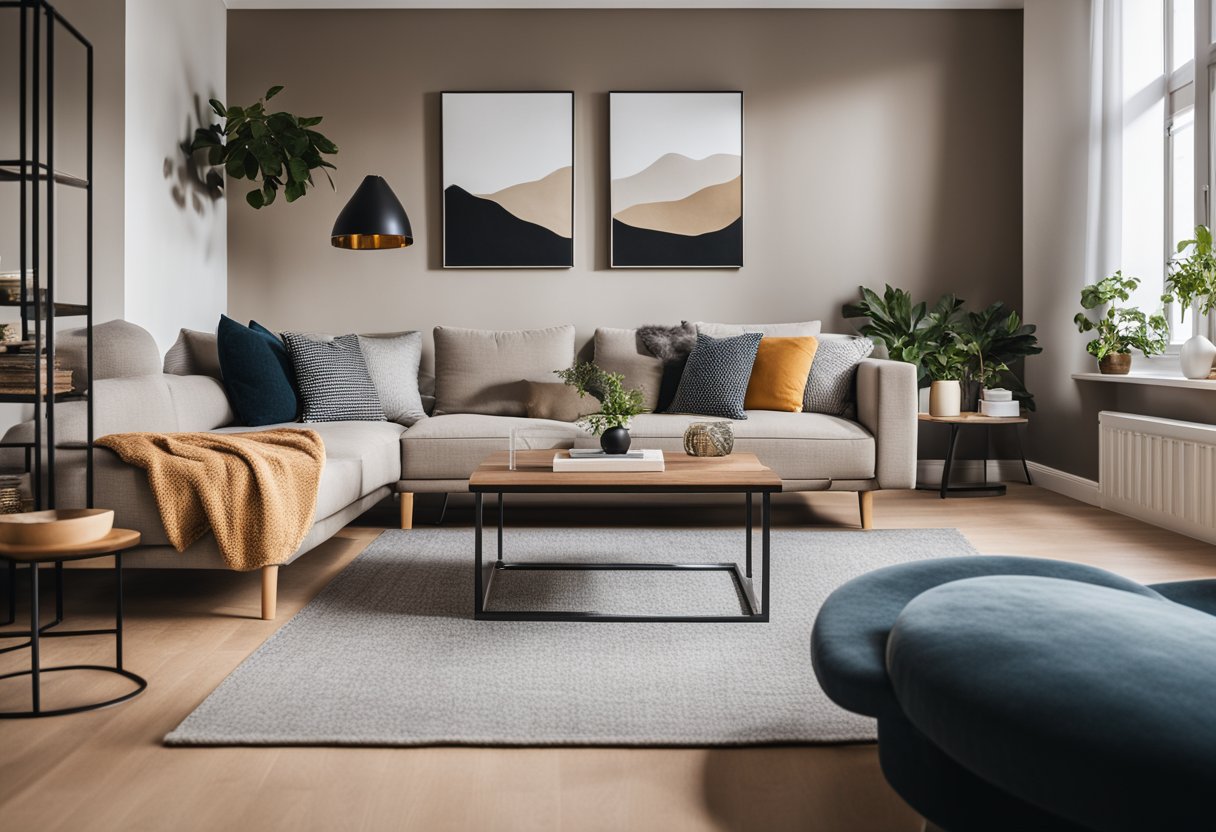 A cozy, modern living room with a comfortable sofa, stylish coffee table, and vibrant wall art. Natural light filters in through large windows, illuminating the space