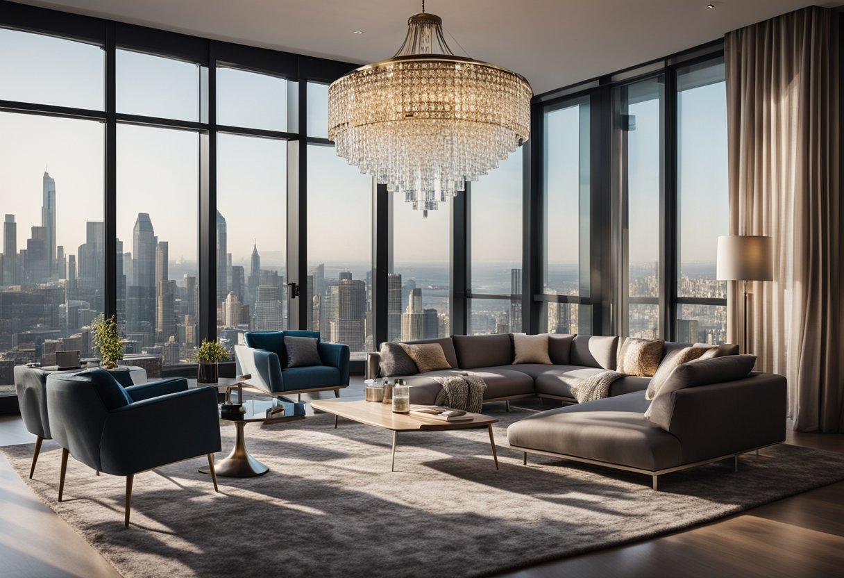 A luxurious living room with sleek, modern furniture, a crystal chandelier, and a large window overlooking a stunning city skyline