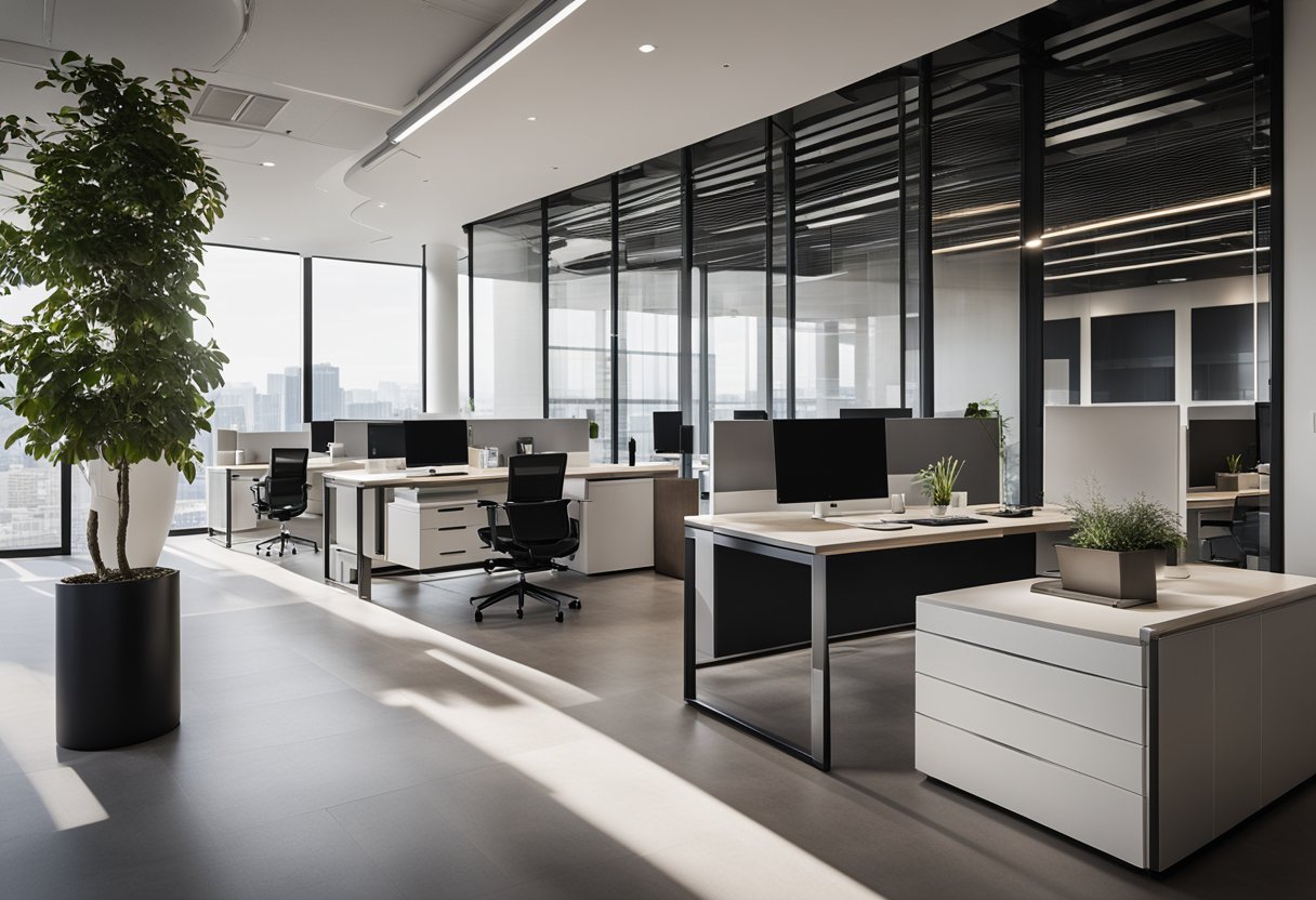 A sleek, modern office space with clean lines, neutral colors, and pops of metallic accents. Large windows allow natural light to flood the room, showcasing the sophisticated interior design