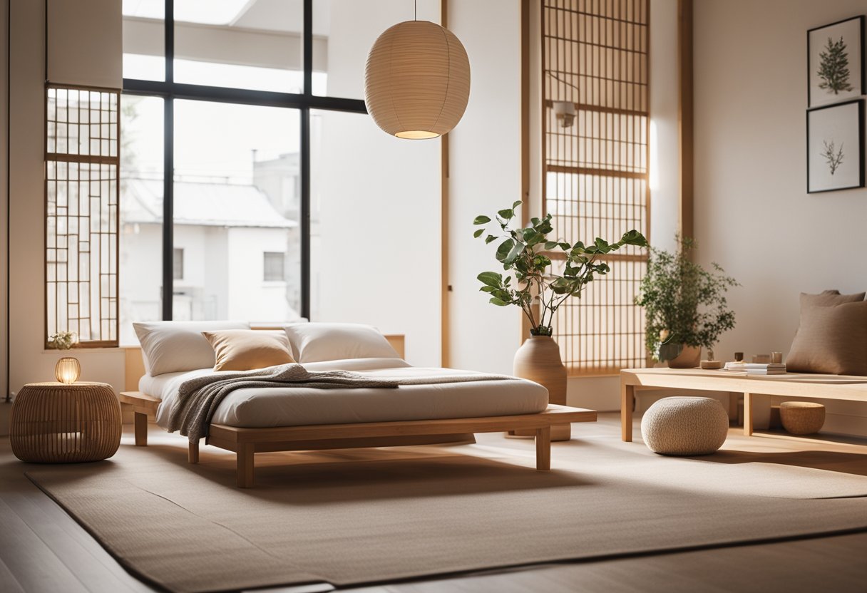 A cozy room with minimal furniture, clean lines, and natural materials. A mix of Japanese and Scandinavian elements, with light wood, neutral colors, and paper lanterns