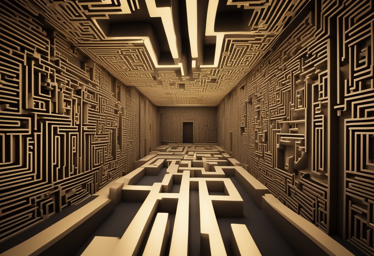 A twisting labyrinth of towering walls and narrow passages, illuminated by soft, ethereal lighting. The maze is filled with intricate patterns and designs, creating a sense of mystery and wonder