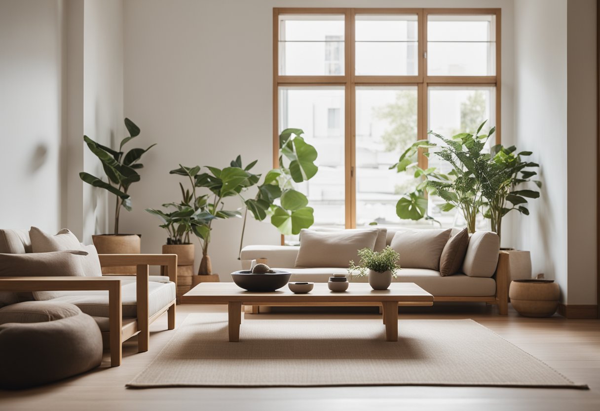 A minimalist living room with clean lines, natural materials, and neutral colors. A low wooden table with floor cushions, shoji screens, and potted plants