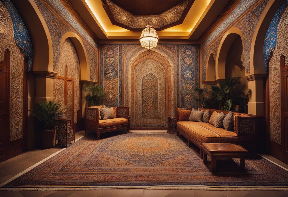 A vibrant Middle Eastern interior with ornate rugs, intricate mosaic tiles, and colorful textiles adorning the walls and furniture. The room is filled with rich, warm tones and features elegant archways and detailed carvings