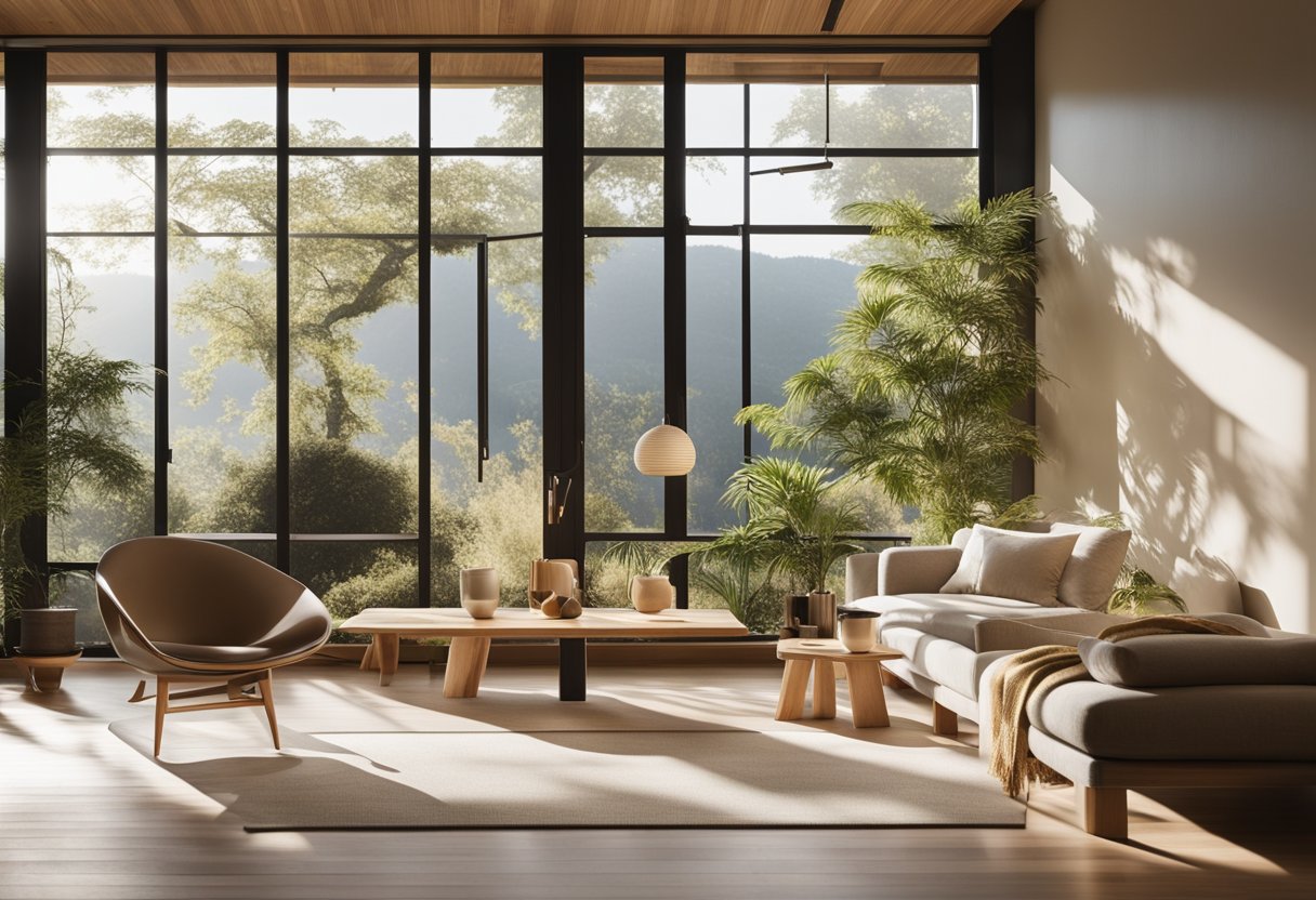 A sunlit room with minimal furniture, clean lines, and natural materials. A mix of Japanese and Scandinavian elements, with neutral colors and a sense of tranquility