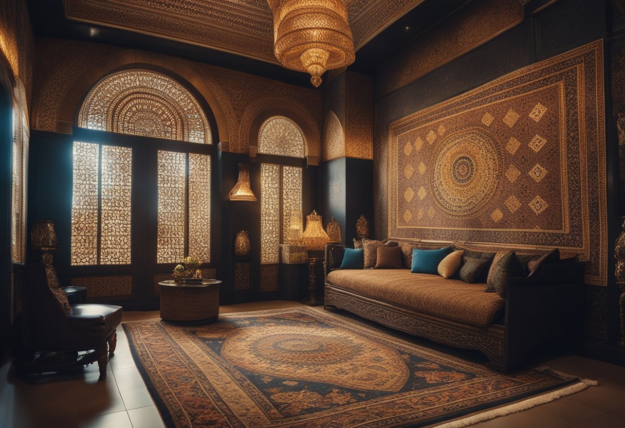 Richly patterned rugs, ornate mosaic tiles, and intricately carved wooden furniture fill the opulent Middle Eastern interior. A colorful tapestry hangs on the wall, casting a warm glow over the room