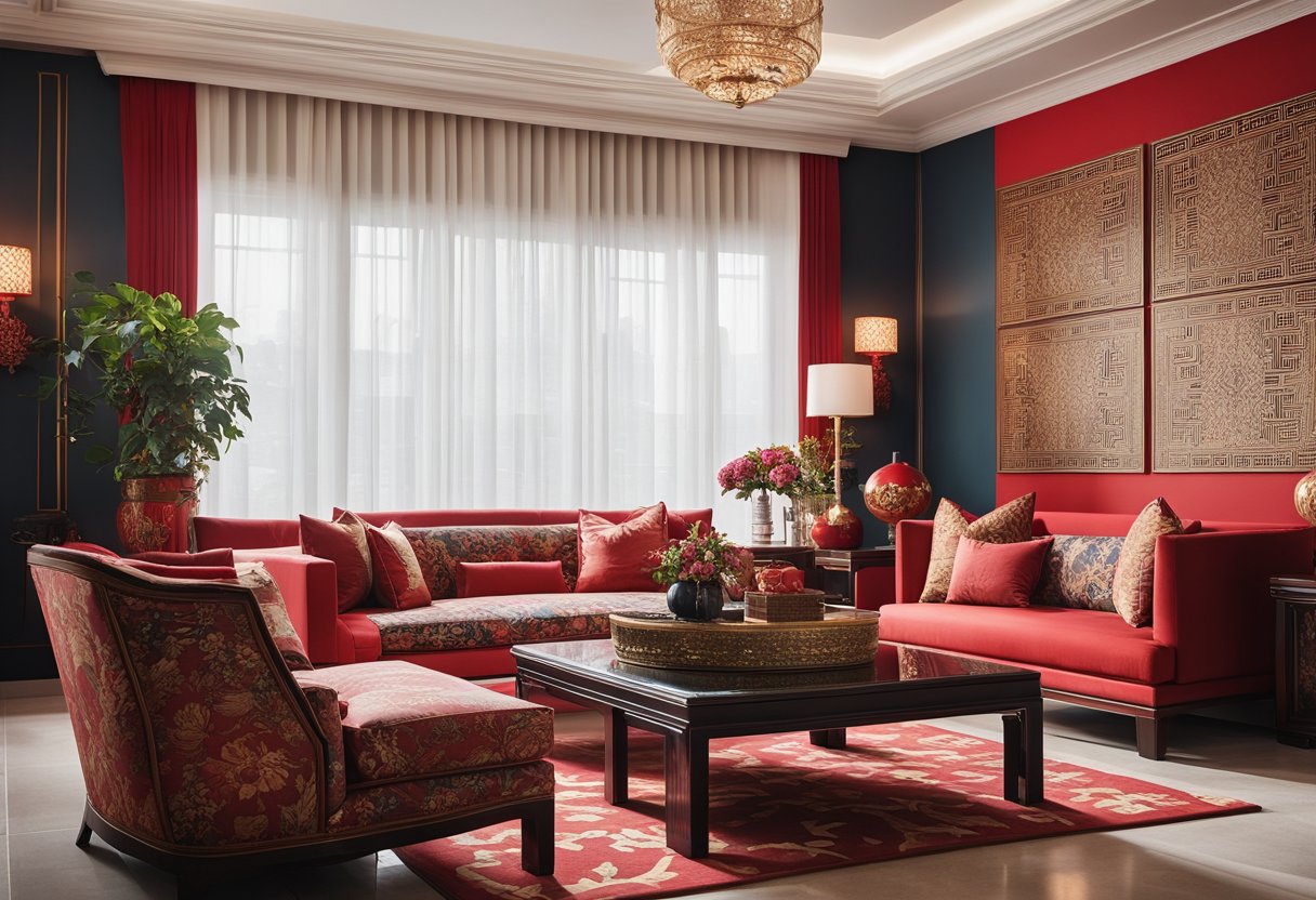 A sleek chinoiserie living room with bold red accents, a mix of traditional and modern furniture, and intricate oriental-inspired patterns on the walls and textiles