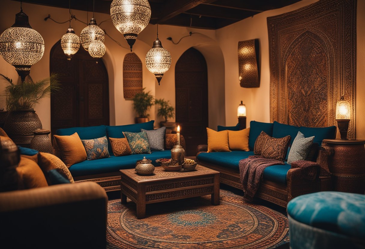 A cozy Middle Eastern living room with ornate rugs, mosaic tiles, and intricate lanterns casting warm, colorful light. Rich textiles and patterned cushions adorn the seating area, creating a welcoming atmosphere